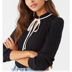 Forever 21 Black Long Sleeve Blouse With White Tie